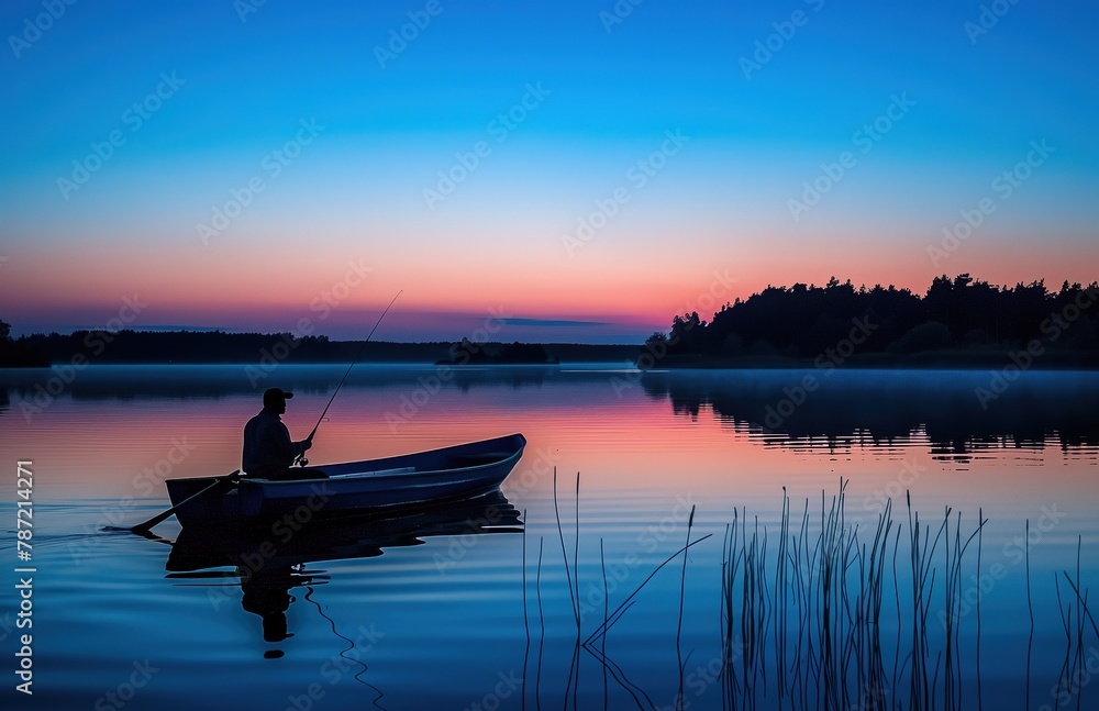 A fisherman on a boat was fishing in a calm lake at dusk with a silhouette of a forest and a blue sky background