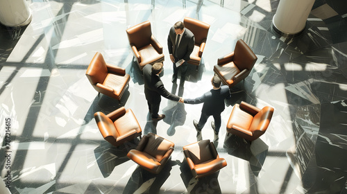 Businessmen shaking hands at circle of chairs in lobby : Generative AI