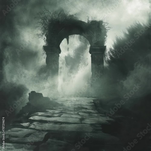 Underworlds Enigmatic Gates A shadowy path leading to the underworlds ancient gates wrapped in mist and mystery Eerie mythological essence photo