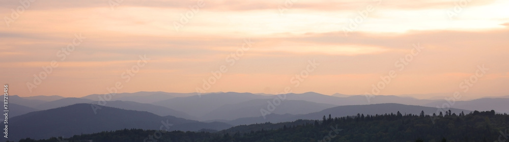 Picturesque mountains under beautiful sky at sunset, banner design