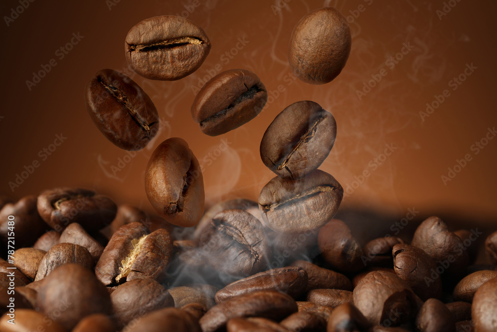 Roasted coffee beans falling on heap against brown background, closeup Roasted coffee beans falling on heap against brown background, closeup