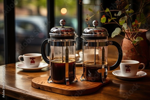 French press showcased with cups of coffee, illustrating its usage and inviting viewers to savor the rich aroma and flavor of freshly brewed coffee, Generative AI.