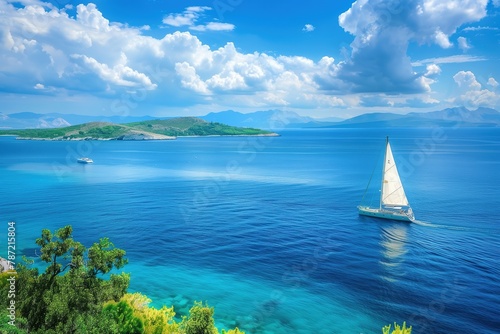 Beautiful sea view with wooden sailboat in the blue ocean, islands and yacht on it, summer vacation concept