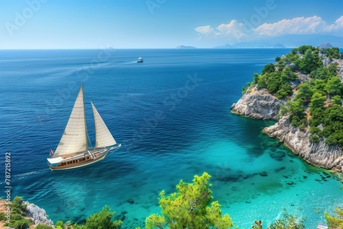 Beautiful sea view with wooden sailboat in the blue ocean, islands and yacht on it, summer vacation concept 