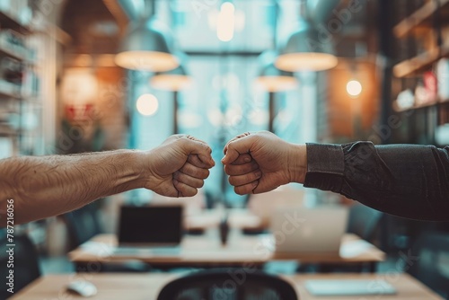 Business colleagues exchange a fist bump in the office generative ai photo