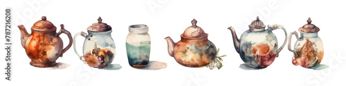 Watercolor teapot illustration. Сollection of teapots.