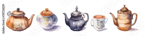 Watercolor teapot illustration. Сollection of teapots.