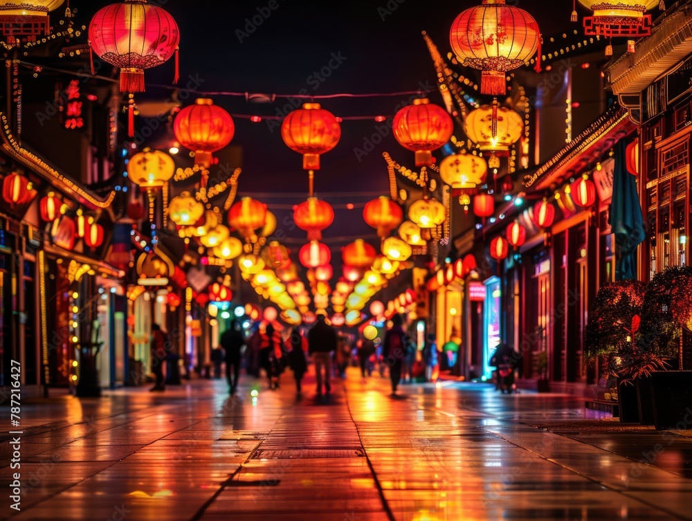 At night, the red lanterns hanging in the city