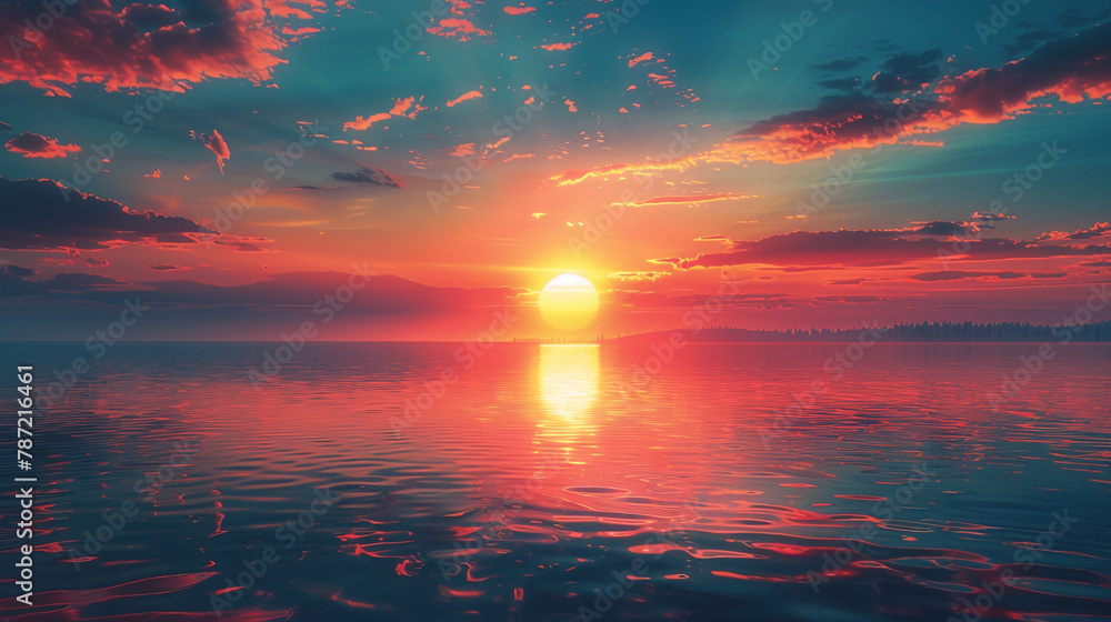 The sky ignites with fiery colors, reflecting in the tranquil lake. 