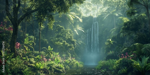 A serene tropical forest scene with a majestic waterfall amidst rich greenery and vibrant flora