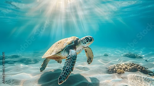 Majestic Sea Turtle Glides Through the Sunlit Waters, Revealing the Beauty of the Deep Blue Ocean