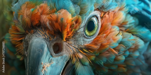 A striking close-up revealing the detailed texture and color of a parrot's feathered head