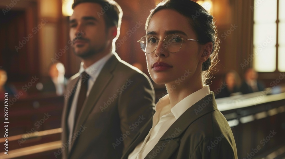 In a courtroom setting a legal assistant stands confidently next to a welldressed lawyer eagerly ready to assist in any way necessary. .