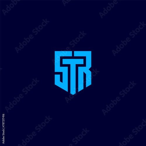 STR monogram logo in shield shape - blue color.