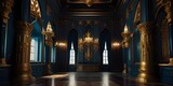 Royal Palace Interior: Realistic Fantasy Gold and Black Design with Golden Blue Accents - Castle Interior Fiction Backdrop Concept Art
