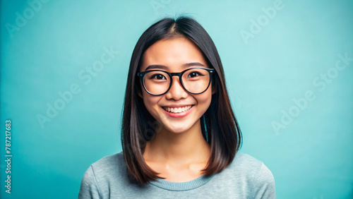 Smiling Asian woman with glasses, portraying confidence and beauty photo