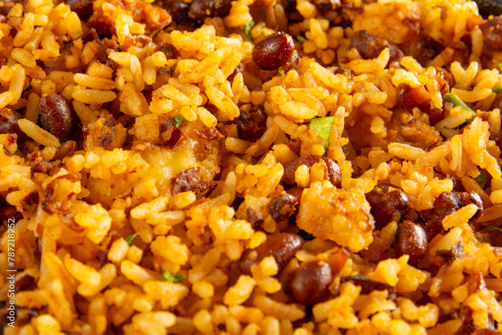 Baião de Dois traditional Brazilian food made with rice, beans, sausage and rennet cheese close up Baião de Dois traditional Brazilian food made with rice, beans, sausage and rennet cheese close up