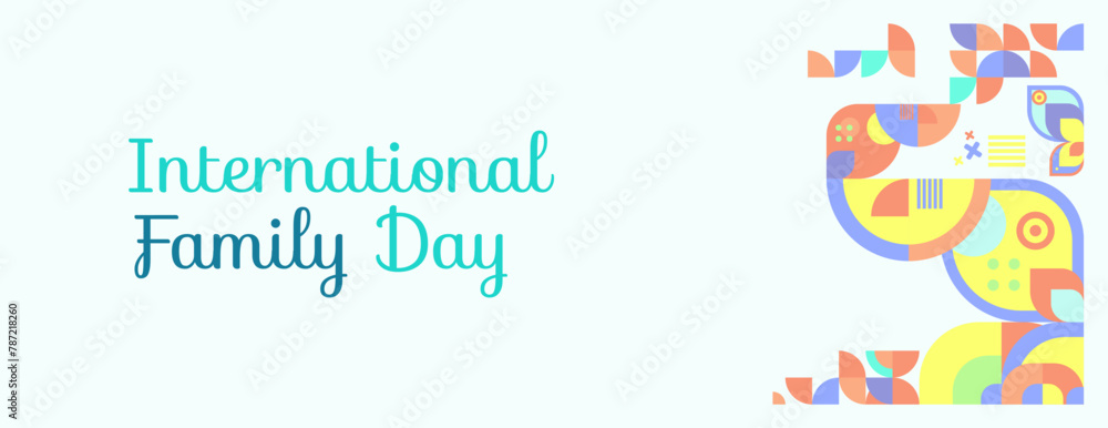 Geometric wide banner for International Family Day. Colorful abstract background for world family day. Happy Family Day greeting card cover with text and empty space for images.