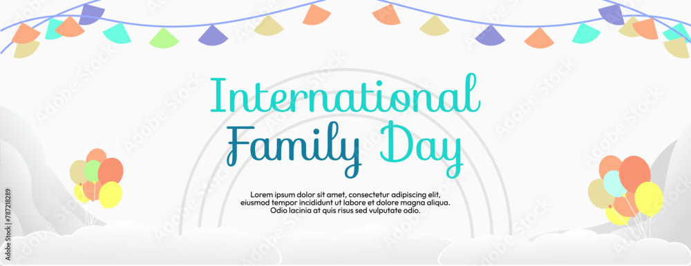 Fototapeta premium Geometric wide banner for International Family Day. Colorful abstract background for world family day. Happy Family Day greeting card cover with text and empty space for images.