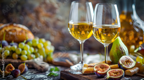 Two wineglasses of vintage chardonnay with delicious appetizers Couple of glasses of white wine italian breadsticks figs and grapes Interior background Close up copy space : Generative AI