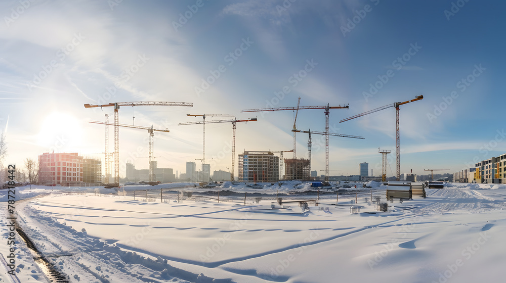 Construction of a new neighborhood Winter Panoramic view of a snowcovered construction site with many construction cranes against the cold sky Copy space : Generative AI