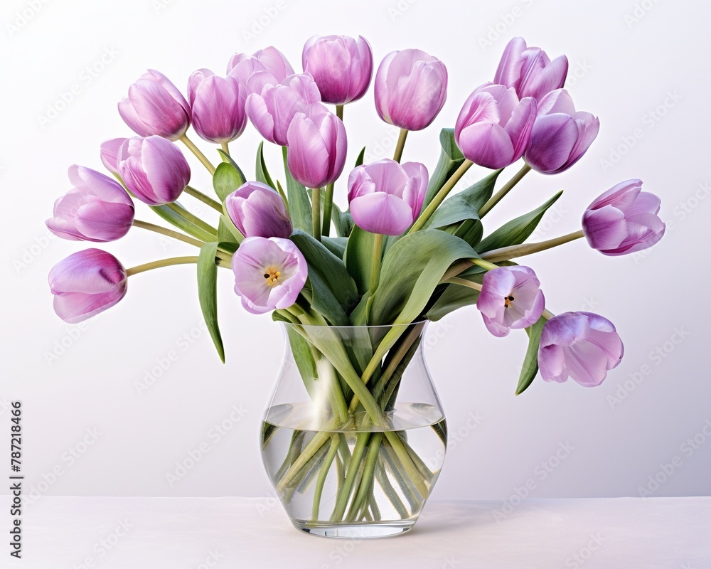 A watercolor artwork of tulips in various shades of purple, arranged in a simple glass vase, capturing the translucent light and shadow as in the provided illustration ,  watercolor art