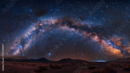 Starry Night Sky Over Desert Landscape with Milky Way Galaxy Arching Horizon, Cosmos Above Earth photo