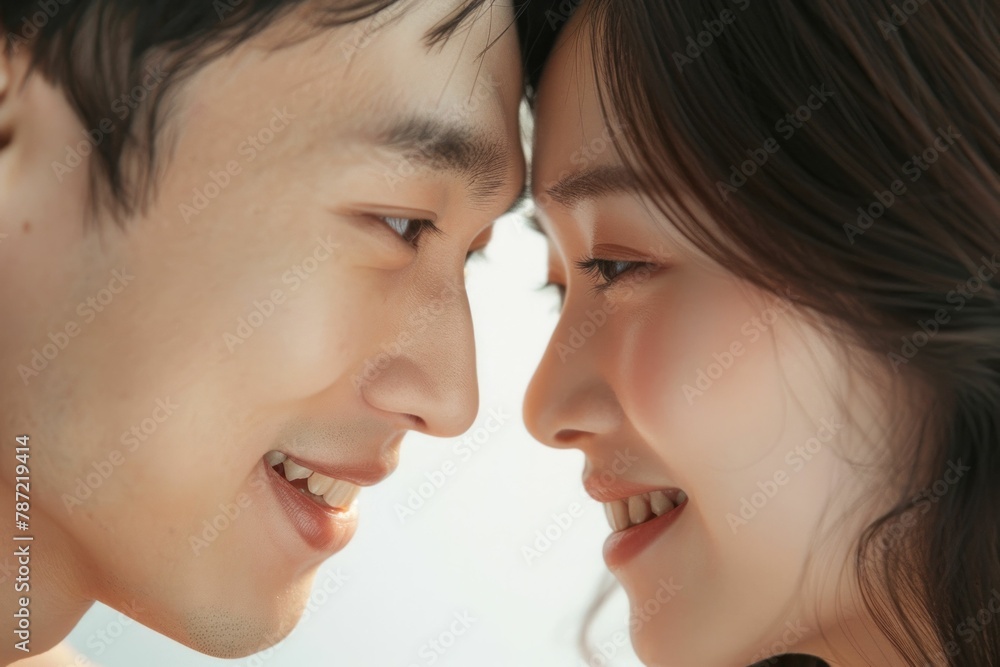 Affectionate Asian couple gazing into each other's eyes against a blank white background