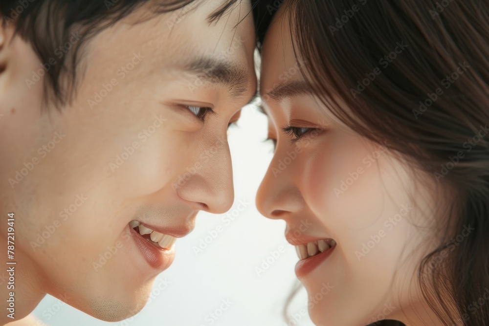 Affectionate Asian couple gazing into each other's eyes against a blank white background Affectionate Asian couple gazing into each other's eyes against a blank white background