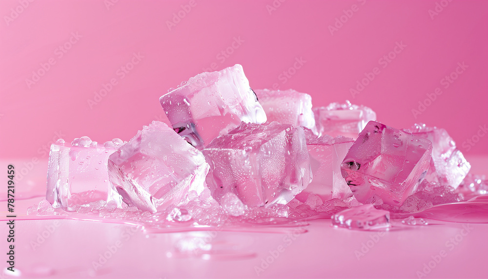 ice cubes on pink background , frozen water, cooling and coolness during the summer heat, high air temperature, hot day ice cubes on pink background , frozen water, cooling and coolness during the summer heat, high air temperature, hot day