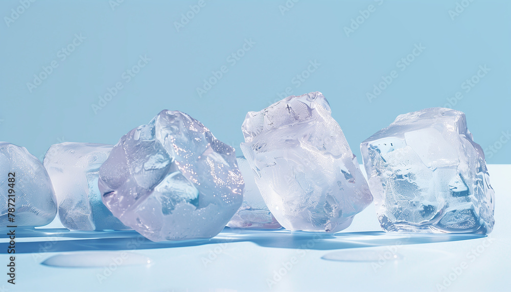 ice cubes on blue  background , frozen water, cooling and coolness during the summer heat, high air temperature, hot day