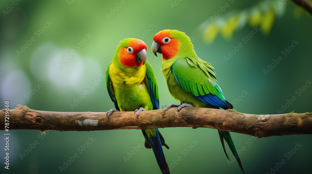 two parrots on a branch in love 