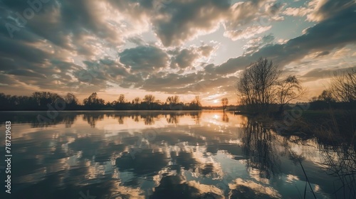 Dramatic cloudy sky reflection during sunrise or sunset over a lake or river in spring capturing the rural landscape with vintage film aesthetics