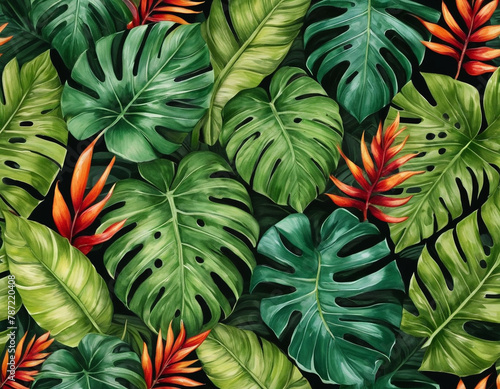 Paint drawing of large tropical leaves close-up © Lina Design