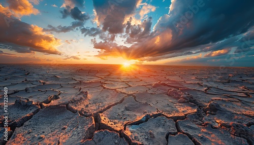 Arid dessert landscape with dramatic sunset sky and cracked earth