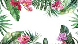 Watercolor wreath featuring vivid orchid blooms and exotic foliage with space for text