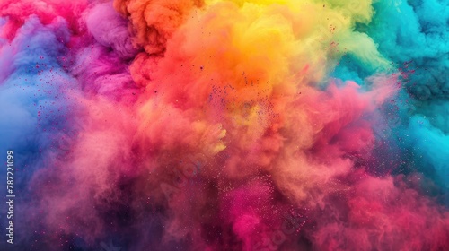 Vibrant powder burst against a clean backdrop Rainbow hued cloud formation Burst of colorful particles Holi paint celebration