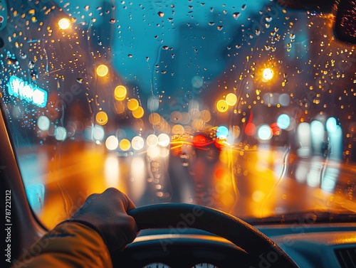 Driving a car on the city streets on a rainy night