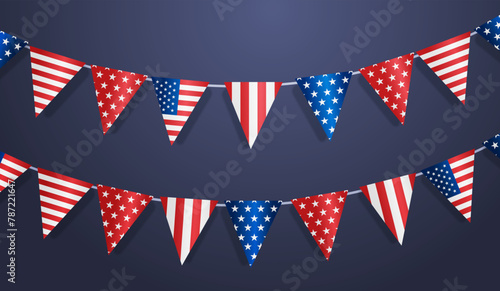 set of triangle bunting flags in american national flag USA presidential election concept horizontal