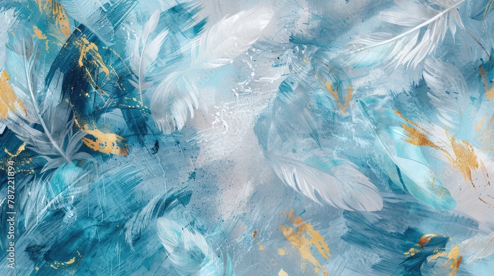 custom made wallpaper toronto digitalabstract art background. illustration of feathers, blues and gold. A textured background on canvas. Modern art.