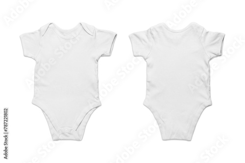 Empty Blank White baby onesie mockup isolated over white background. Front and back side view. 3d rendering.