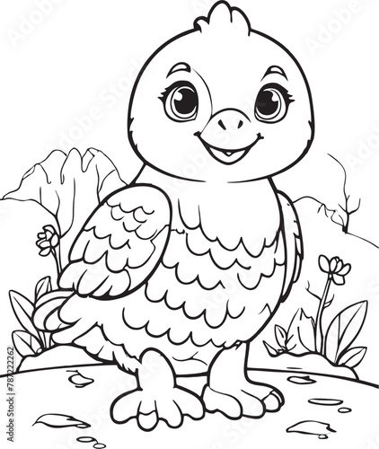Simple, clean line art of a baby hawk in the happy savannah, on white background, vector photo