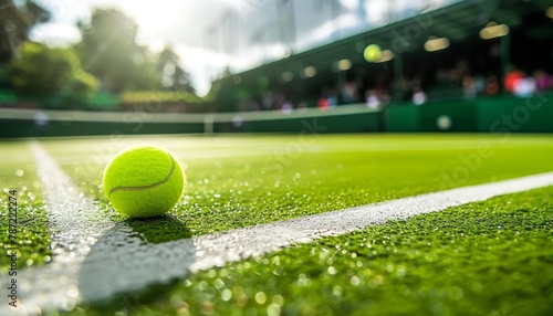 Vibrant grass tennis court prepped for tournament with freshly cut grass close up photo