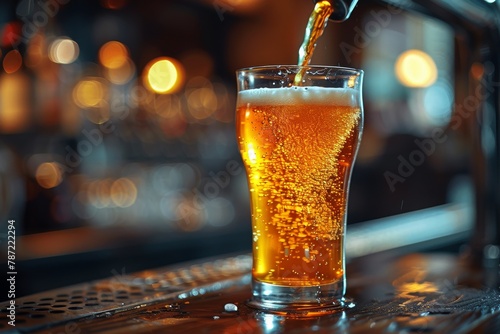 A picture of a refreshing pint of beer being poured with bubbly froth at a bar, capturing the essence of a leisure drink