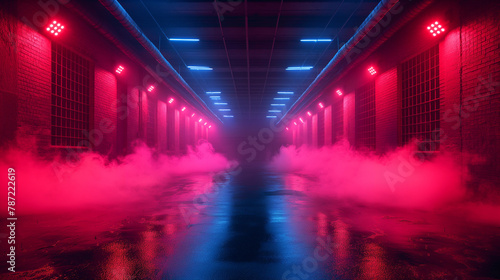 Dark street of the night city, Dark blue background, an empty dark scene, neon, spotlights reflecting on the asphalt floor, and a studio room with smoke floating up, a night view the city.