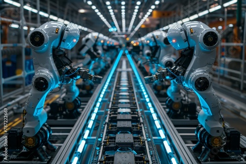 A symmetrical view of multiple robotic arms aligned on a production line in an industrial setting