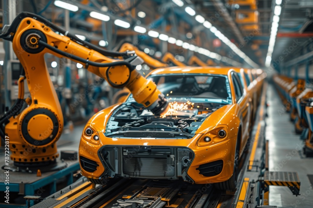 Vivid capture of a robot arm performing welding work on a luxury car in an automated automotive assembly line, highlighting precision Vivid capture of a robot arm performing welding work on a luxury car in an automated automotive assembly line, highlighting precision