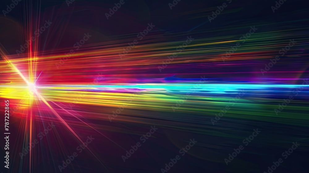 Black background with rainbow flare and speed light. Colorful light on dark background