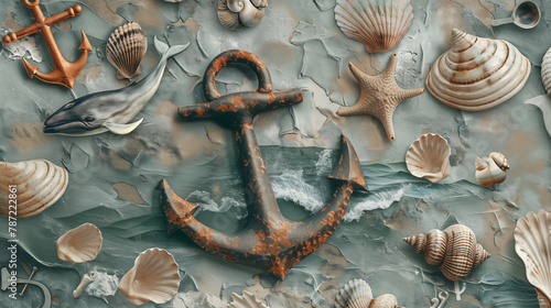 Marine background, textured with anchor and starfish.