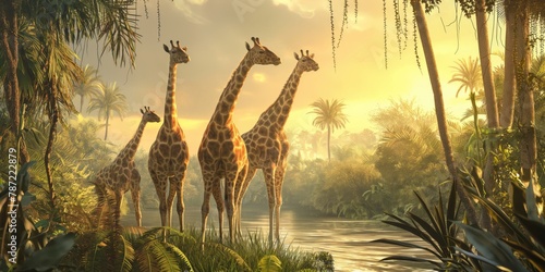 A serene snapshot of tall giraffes standing by the riverside in a verdant  misty jungle environment  showcasing nature s calm